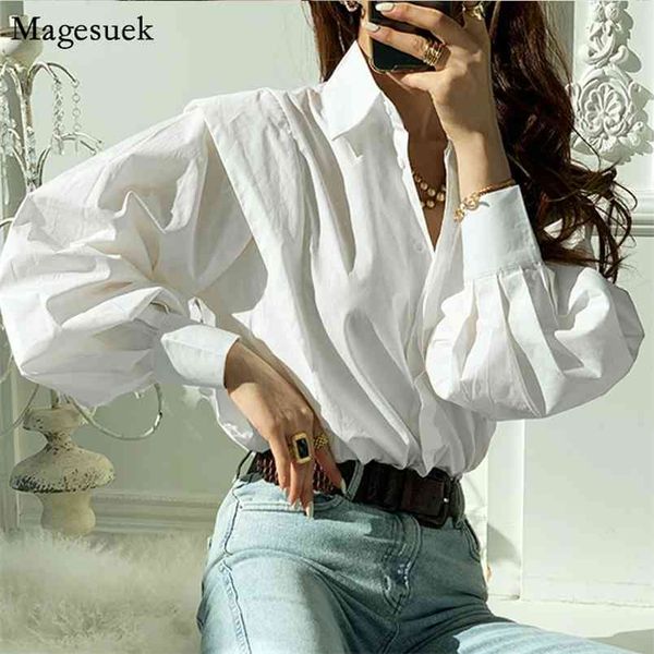 

korean style button white shirt women spring vintage cotton women's blouse loose lantern sleeve casual blouses 13475 210512
