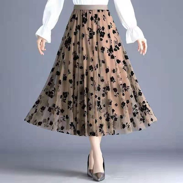 

skirts printing mesh tulle women's elastic high waist embroidered pleated skirt female 2021 spring summer ladies maxi long y745, Black