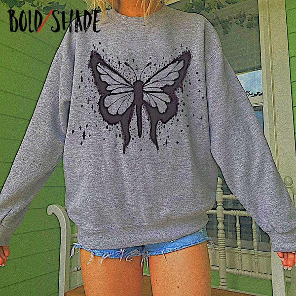 

women's hoodies & sweatshirts bold shade butterfly crewneck oversize streetwear fashion inide long sleeve sweatshirt women grunge 90s 2, Black