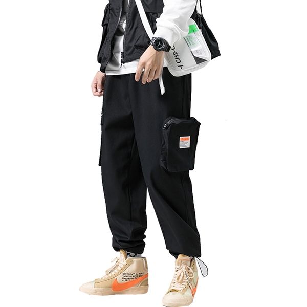 

men's pants men streetwear mens harem pants big pocket cargo trousers casual jogger ribbons sweat cxs6, Black