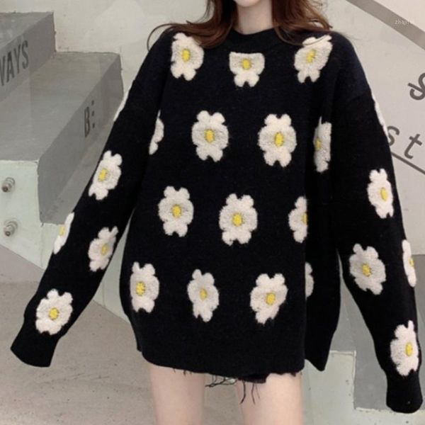 

sweater autumn and winter versatile korean version loose flower jacquard black high street en* women's sweaters, White;black