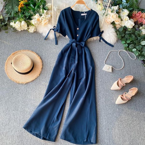 

women's jumpsuits & rompers slim fashion basic solid button v neck summer full length bandage jumpsuit casual women high waist elegant, Black;white