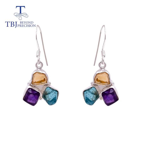 

other tbj ,handmade 3 stone hook earring natural gemstone rough original citrine apatite amethyst 925 sterling silver fine jewelry, Golden;silver