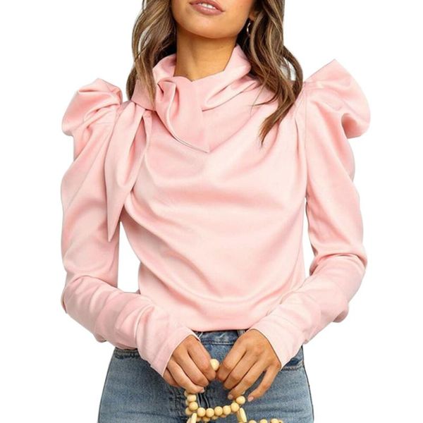 

womens satin stand collar long puff sleeve outwear shirt blouse pleated spring solid color bow, White
