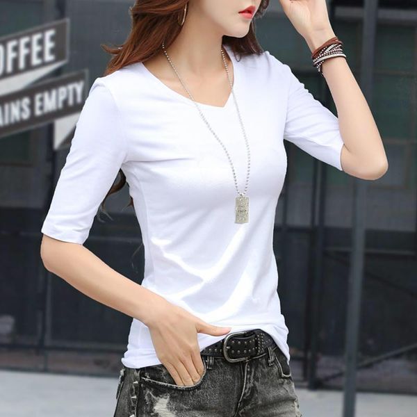 

women's t-shirt 100% cotton t shirt woman summer fashion short sleeve korean style plus size 2021 v neck women shirts, White