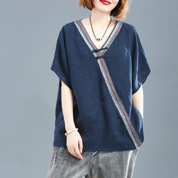 

chinese style women summer cotton linen loose v neck ethnic oversized t shirt vintage blouse ladies chinese 10393, Red