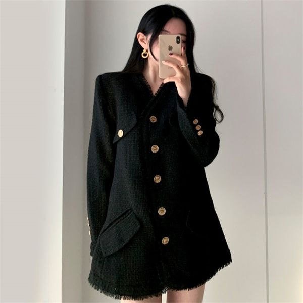 

ladies' temperament is thin v-neck single-breasted tweed dress with straight pockets and fringed trim gx1330 210507, Black;gray