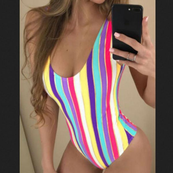 

women one piece beach swimsuit 2021 mujer striped multicolor swimwear bathing monokini push up deep v bikini one-piece suits