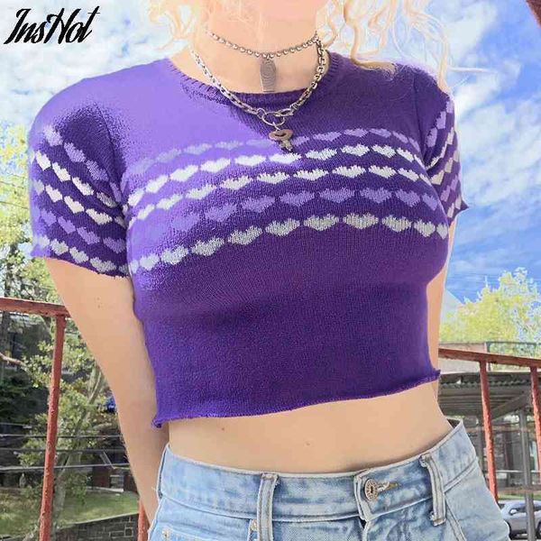 

heart printed y2k knitted crop tees women vintage skinny aesthetic 90s t shirts streetwear casual shirt 210514, White