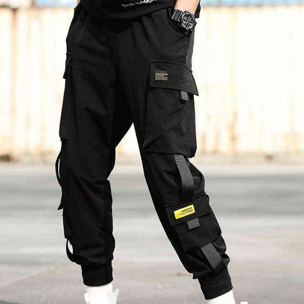 Bolsos do lado dos homens Cargo Harem Calças 2020 Fitas Black Hip Hop Masculino Masculino Calças Moda Casual Streetwear Pants H1223