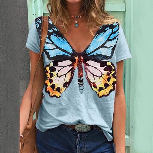

european style women plus size t-shirt summer large butterfly printing short sleeve 2021 marpai women's, White