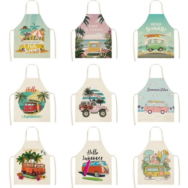 

aprons summer bus printing women kitchen waterproof cooking oil-proof cotton linen antifouling chef apron cleaning 68*55cm 0152