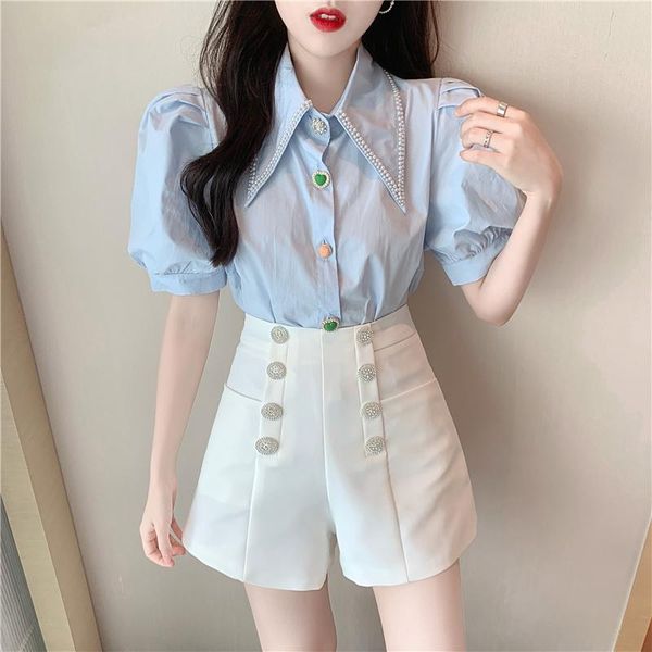 

women's tracksuits summer two piece set women 2021 vintage diamond beading shirt high waist button shorts mujer sets, Gray