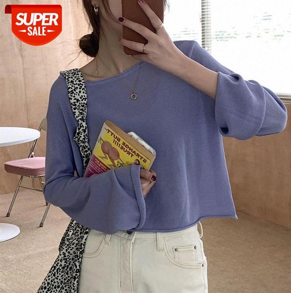 

huang zheng curled up big neckline short knit sweater women korean style loose long-sleeved bottoming m9978 #au6q, Black;gray