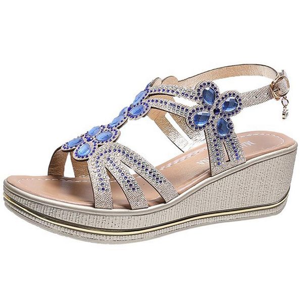 

women sandals luxury designer gladiator open toe crystal wedges slope heels buckle strap ankle wrap rhinestone bling sandal casual party sum, Black