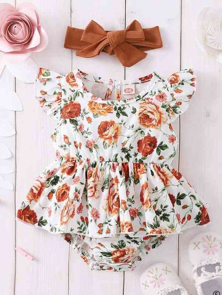 

baby floral print ruffle trim combo bodysuit dress & headband she, Red;yellow