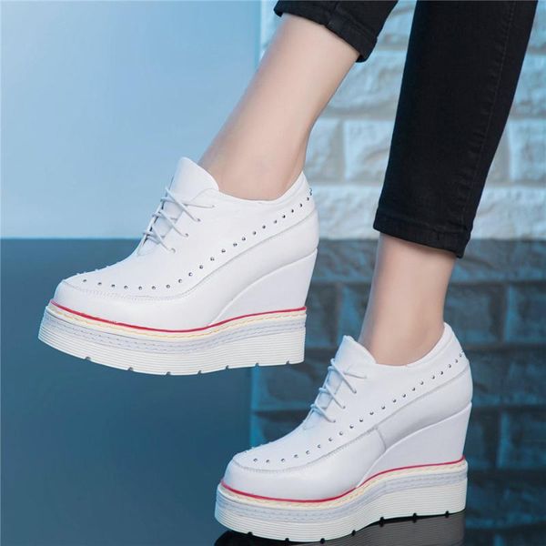 

boots lace up platform pumps shoes women genuine leather wedges high heel ankle female round toe fashion sneakers casual, Black