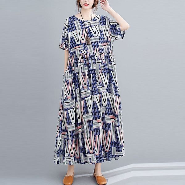 

oversized women cotton linen long dress new arrival summer simple style vintage print loose female casual dresses s3237 210412, Black;gray
