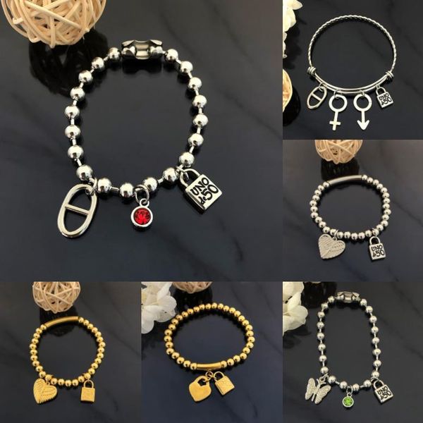 

charm bracelets unode50 stainless steel bangle gold heart shaped butterfly red green crystal stone lock jewelry gifts, Golden;silver