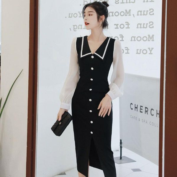 

casual dresses 2021 women's lapel dress contrast high waist, Black;gray