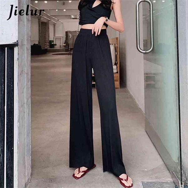 

jielur high waist pleated pants female s-xxl thin simple loose straight women trousers black navy blue wide leg long 210925, Black;white