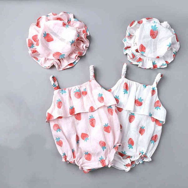 Sommer ärmellose Babykleidung weibliche Erdbeere gedruckt Sling Strampler Baumwolle Overall + kostenlose Mütze 210515