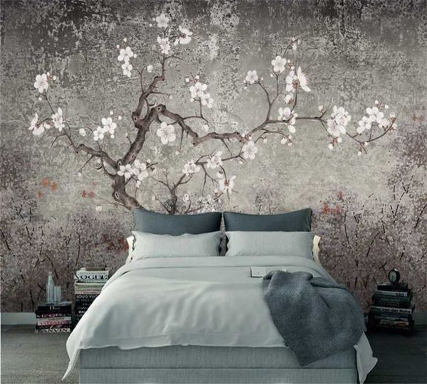 

custom 3d wallpaper mural retro plum background wall chinese hand-painted flowers and birds wallpapers