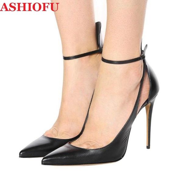 

dress shoes ashiofu handmade women's high heel pumps pointed ankle strap banquet party prom plus size 5-15 evening fashion court, Black