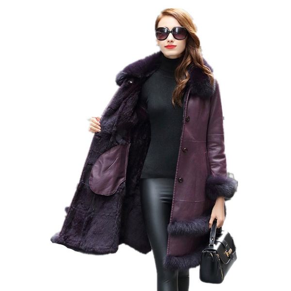 

women's fur & faux 2021 autumn winter superior quality real coat women korean rex lining collar genuine leather jacket, Black