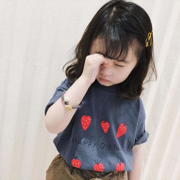 

cotton girls baby t shirt strawberry print fresh childrens clothing cute summer short sleeved p4146, Blue