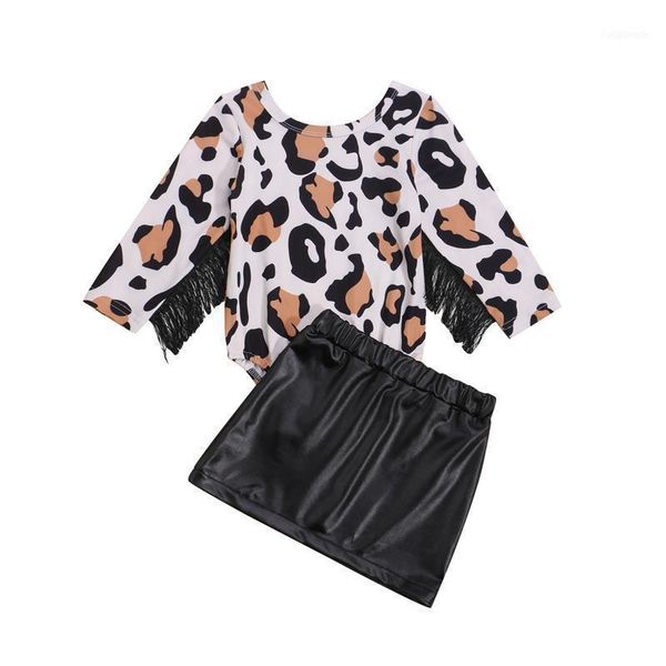 

clothing sets 0-3y summer baby girls clothes 2pcs leopard printed long sleeve tassel romper pu leather mini skirts11, White