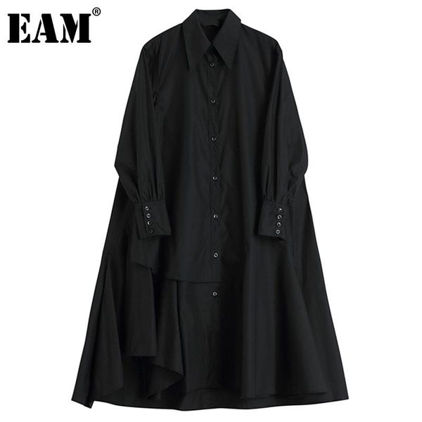 

[eam] women black back long irreuglar big size dress lapel sleeve loose fit fashion spring autumn 2021 1dc860 casual dresses, Black;gray