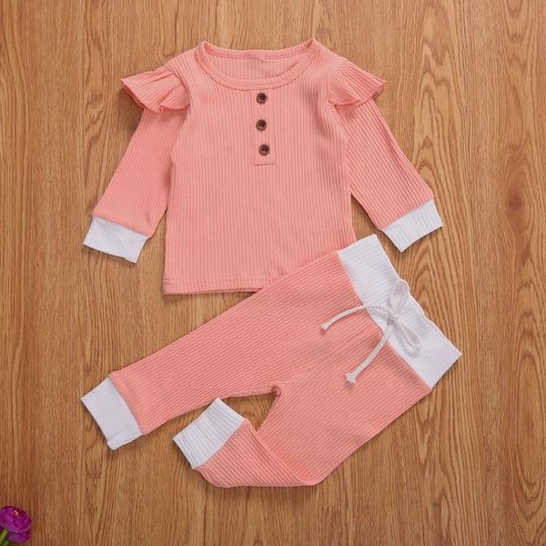 

clothing sets baby & children's infant girls solid ribbed ruffle long sleeve elastic waist pants striped pajama outfit, White