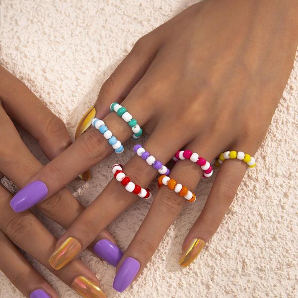 

wedding rings 1set summer fashion beach holiday hit color rice bead ring for women girls bohemia stretch beaded finger jewelry gifts, Slivery;golden