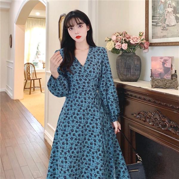 

casual dresses sweet blue floral long sleeved midi plus large size oversize korean fashion kawaii women's elegant autumn 2021, Black;gray