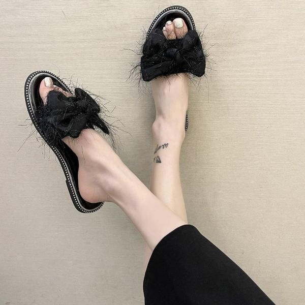 

slippers women summer glitter slides low female shoes butterfly-knot fashion jelly 2021 flat beach luxury soft fabric basic rubb, Black