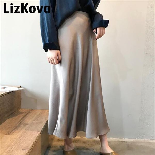 

spring simmer high waist satin metallic women skirts color long shiny silk imitation midi, Black