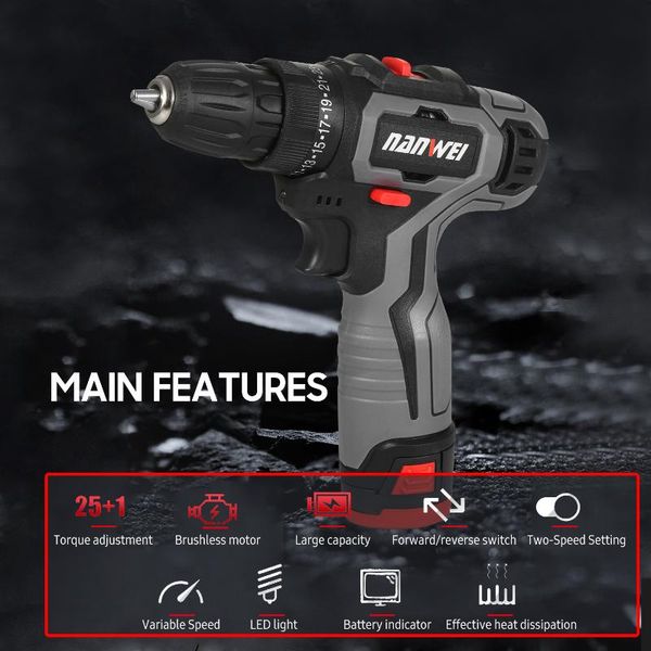 

professiona electric drills 12v brushless drill cordless driver handheld portable power two-speed rechargeable with led light