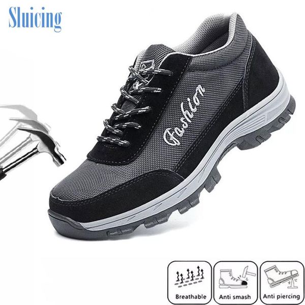 

boots arrival mens casual breathable steel toe covers working safety shoes anti-puncture platform security protect footwear, Black