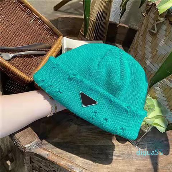 

fashion inverted triangle mark hole knitted hats men and women tide all-match couple fashion autumn or winter warm, Blue;gray