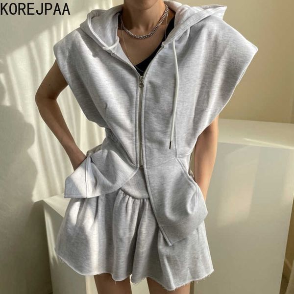 

korejpaa women sets summer korean chic girl temperament zipper flying sleeve hooded sweater jacket high waist frayed shorts 210526, White