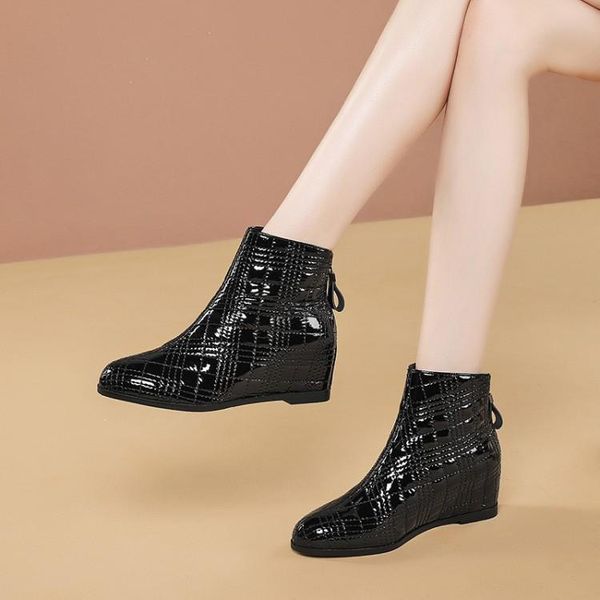 

boots mljuese 2021 women ankle cow leather increasing heel round toe winter short plush wedges heels size 34-41, Black