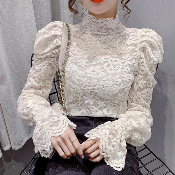 

women's blouses & shirts design half high collar lace hollow out print patchwork autumn and winter fashion casual puff sleeve mesh fema, White