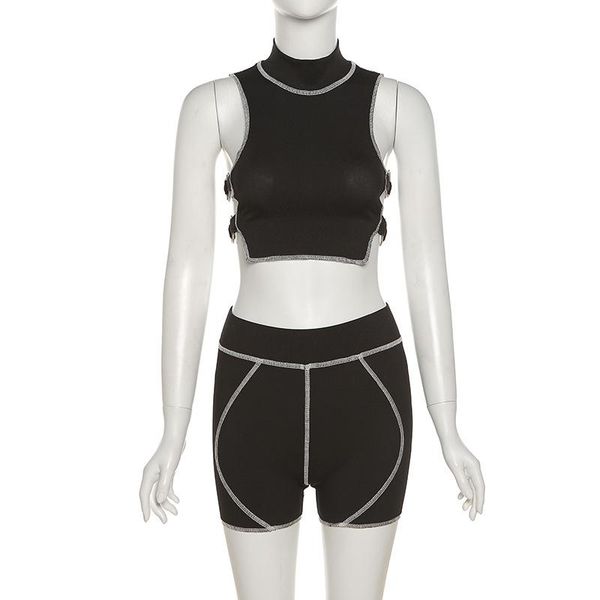 

women's tracksuits summer sleeveless hollow metal buckle bag hip tight shorts casual two-piece suit, Gray