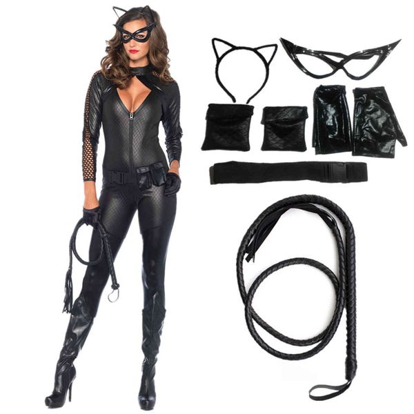 

6 pcs/set woman cosplay costume cat women suit jumpsuit with whip purim halloween masquerade stage play party bodysuit, Red;black