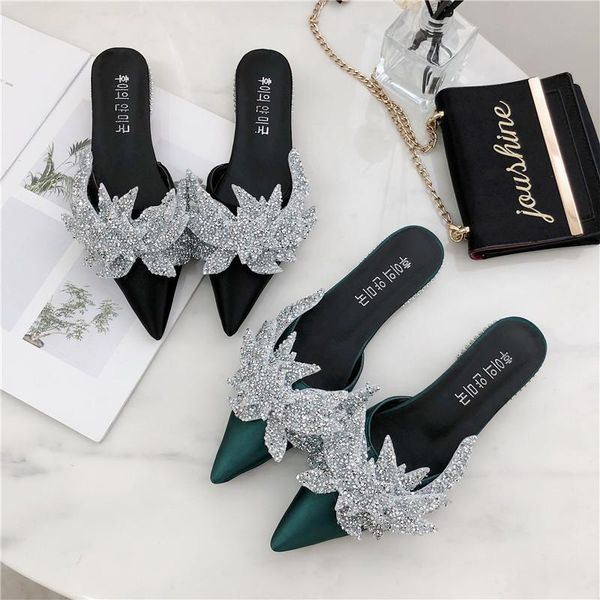 

slippers koovan women's 2021 satin butterfly sequined diamond pointed flat female summer mueller shoes girls, Black