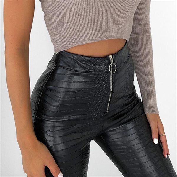 

pu faux leather elegant womens pants high waist slim pencil skinny office ladies trousers casual black, Black;white