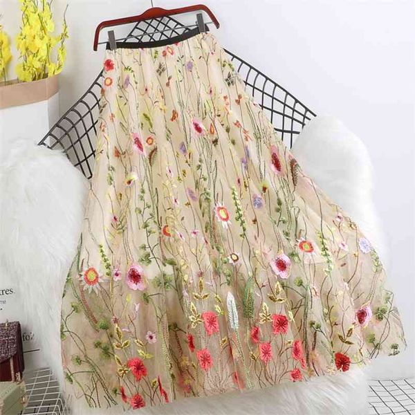 

spring women mesh skirt fashion flowers sequin embroidery long skirt ladies summer casual voile appliques mid-calf swing skirts 210412, Black