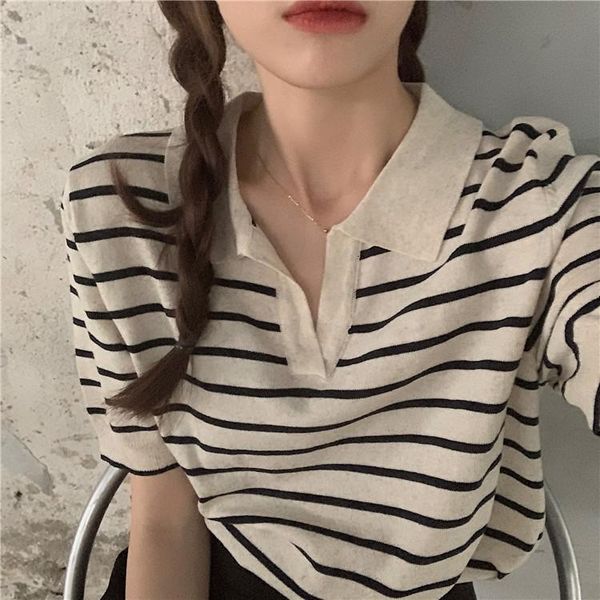 

women's polos summer korean version of collar t-shirt loose french striped shirt large size knitted short-sleeved, White