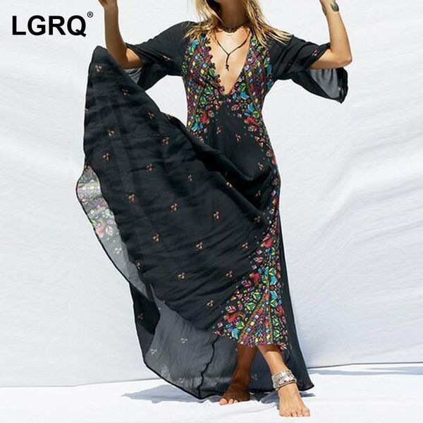 

party dresses [lgrq] women black printing long vacation dress arrival v-neck half sleeve fit fashion tide spring autumn 2021 19d2579, White;black